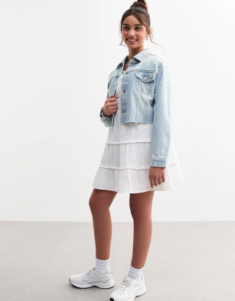 Girls Bright Blue Cropped Distressed Denim Jacket