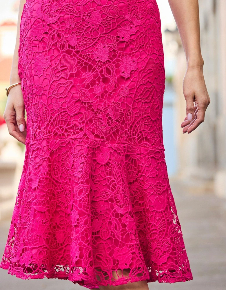 Fluted Hem Lace Midi Dress