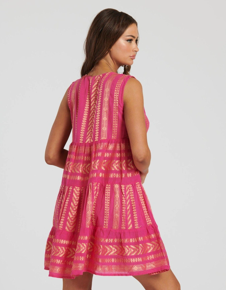 Metallic Jaquard Sleeveless Tiered Knee Length Dress - Pink