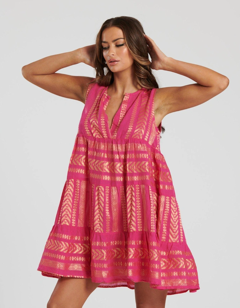 Metallic Jaquard Sleeveless Tiered Knee Length Dress - Pink