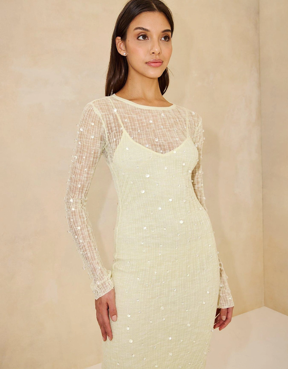 Beaded Long Sleeve Knitted Dress - Green