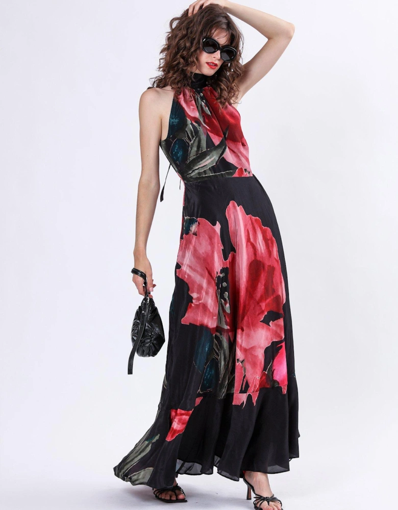 Valeria Column Maxi Dress With Large Floral Print - Pink