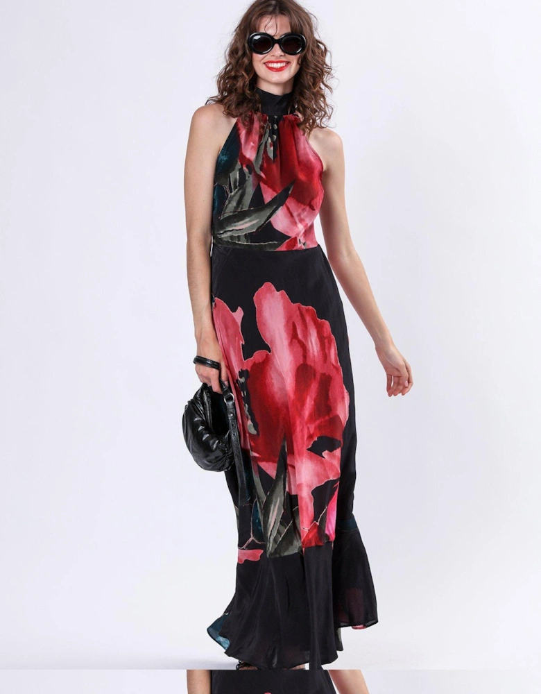 Valeria Column Maxi Dress With Large Floral Print - Pink