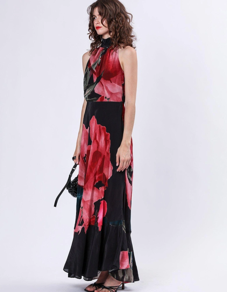 Valeria Column Maxi Dress With Large Floral Print - Pink