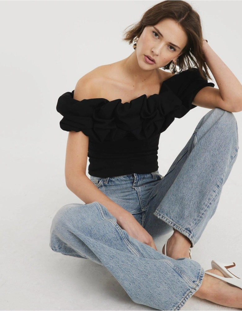 Ruffle Bardot Top - Black