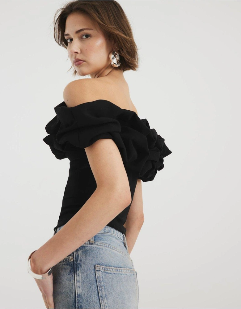 Ruffle Bardot Top - Black