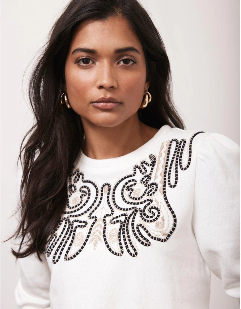 White Embroidered Sweatshirt - Cream
