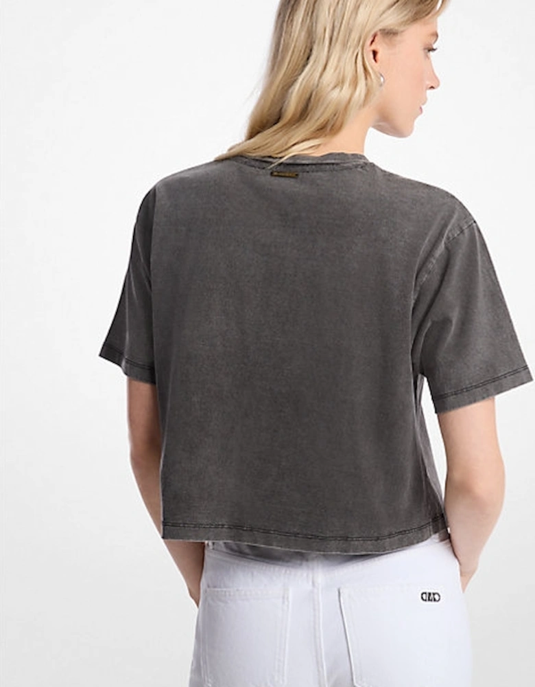 Studded Garment-Dyed Cotton Cropped T-Shirt