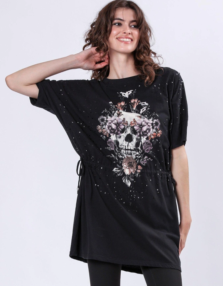 Oversized Skull and Floral Graphic Tunic Dress - Black