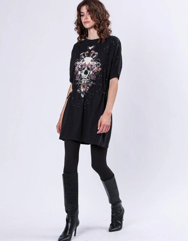 Oversized Skull and Floral Graphic Tunic Dress - Black