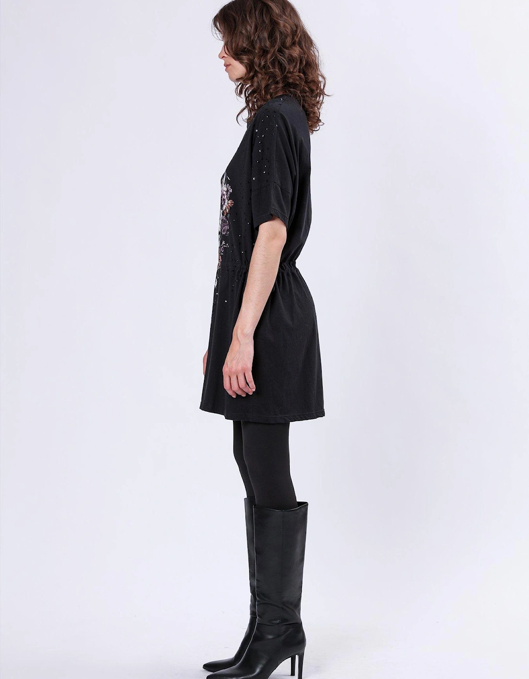 Oversized Skull and Floral Graphic Tunic Dress - Black