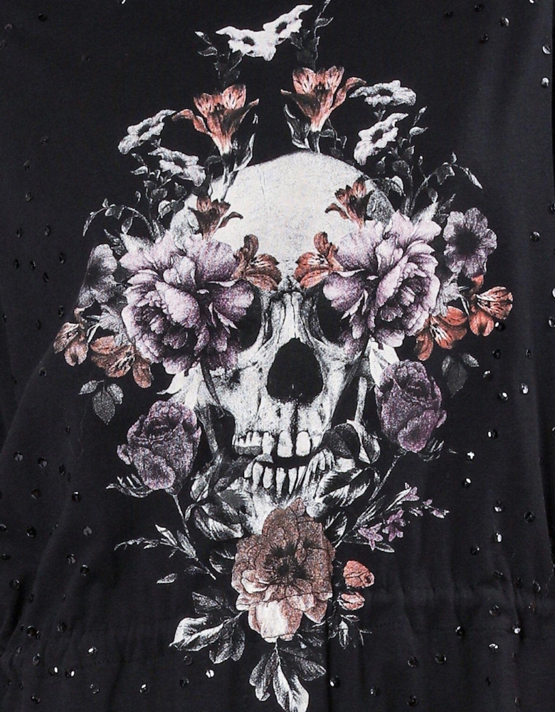 Oversized Skull and Floral Graphic Tunic Dress - Black