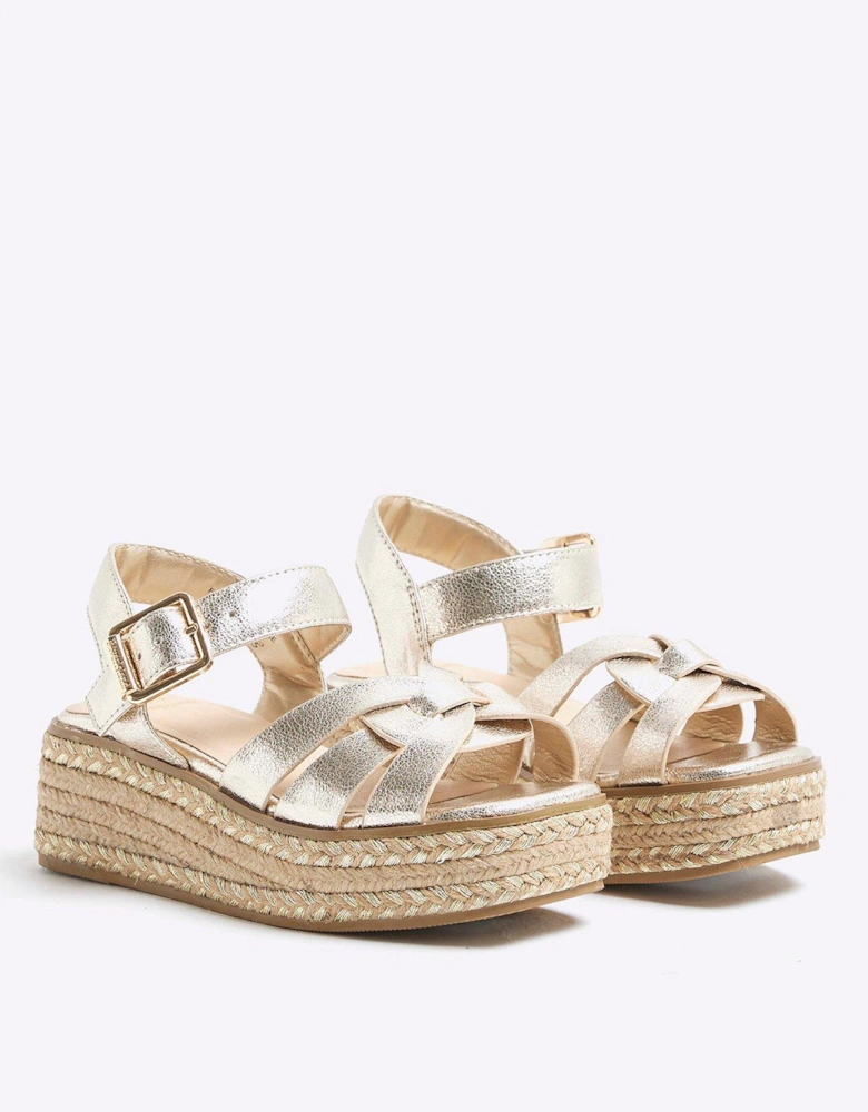 Older Girl Leather Weave Wedge Sandals - Gold