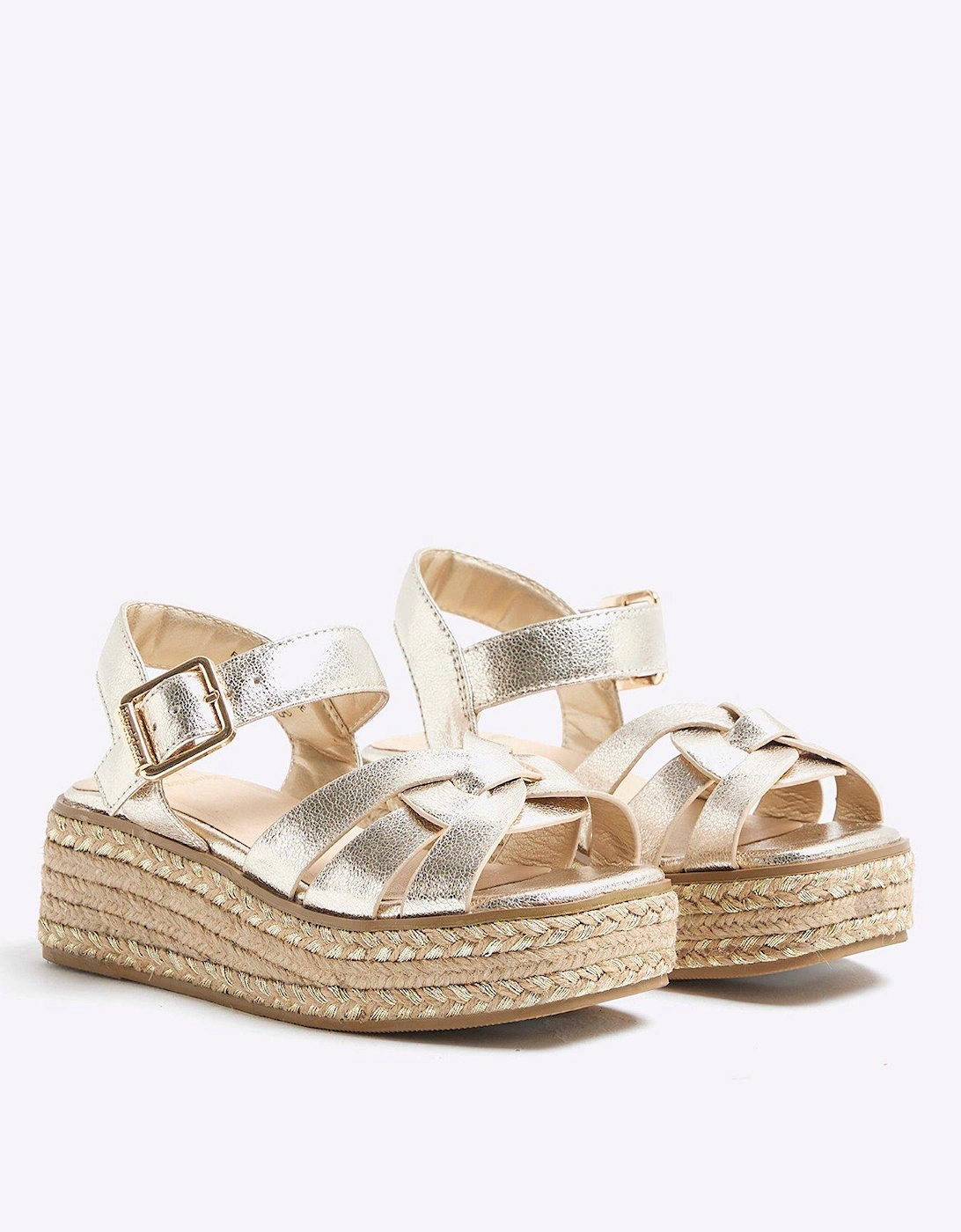Older Girl Leather Weave Wedge Sandals - Gold