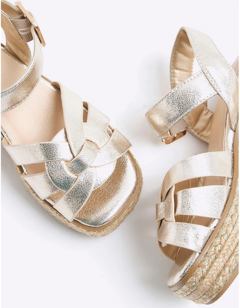 Older Girl Leather Weave Wedge Sandals - Gold