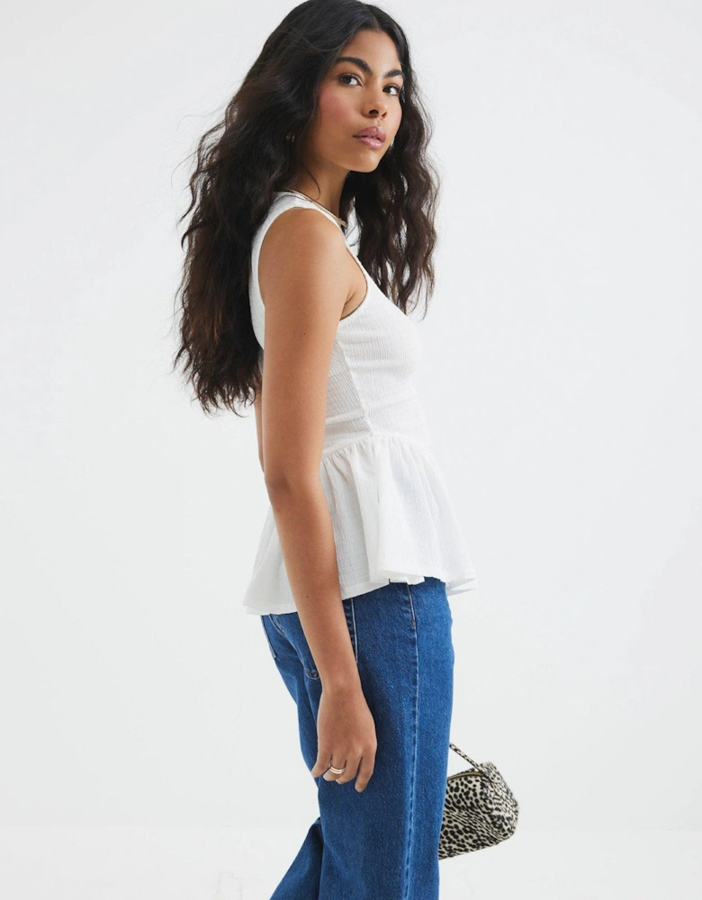 Textured Peplum Racer Top - White