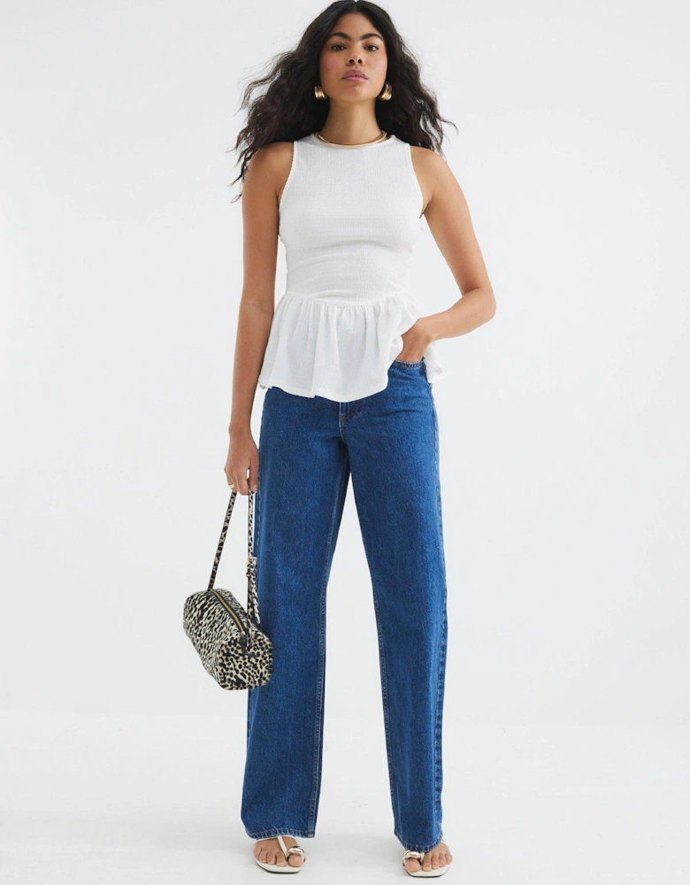 Textured Peplum Racer Top - White