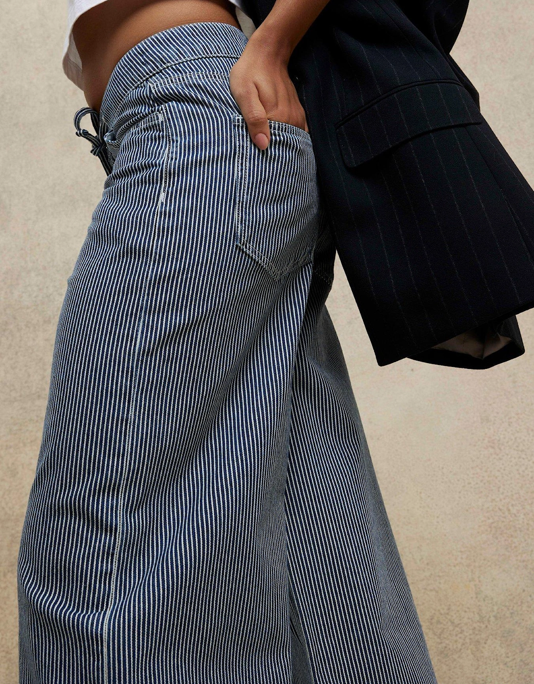 Wide Leg Tie Front Striped Jeans - Light Denim