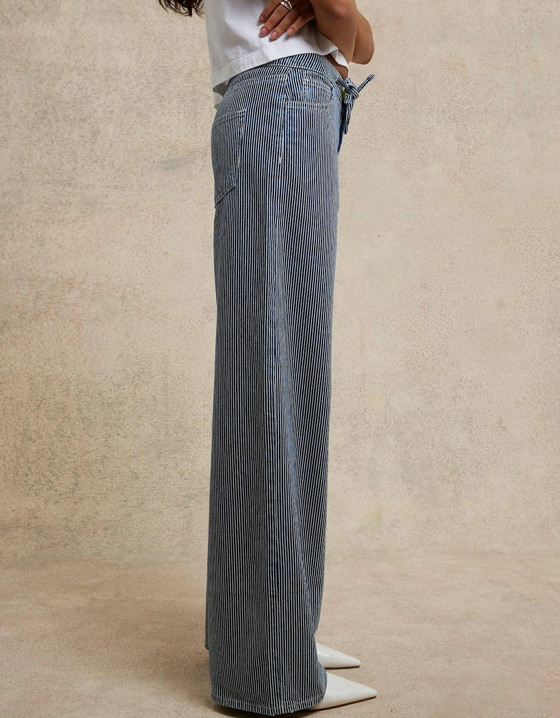 Wide Leg Tie Front Striped Jeans - Light Denim