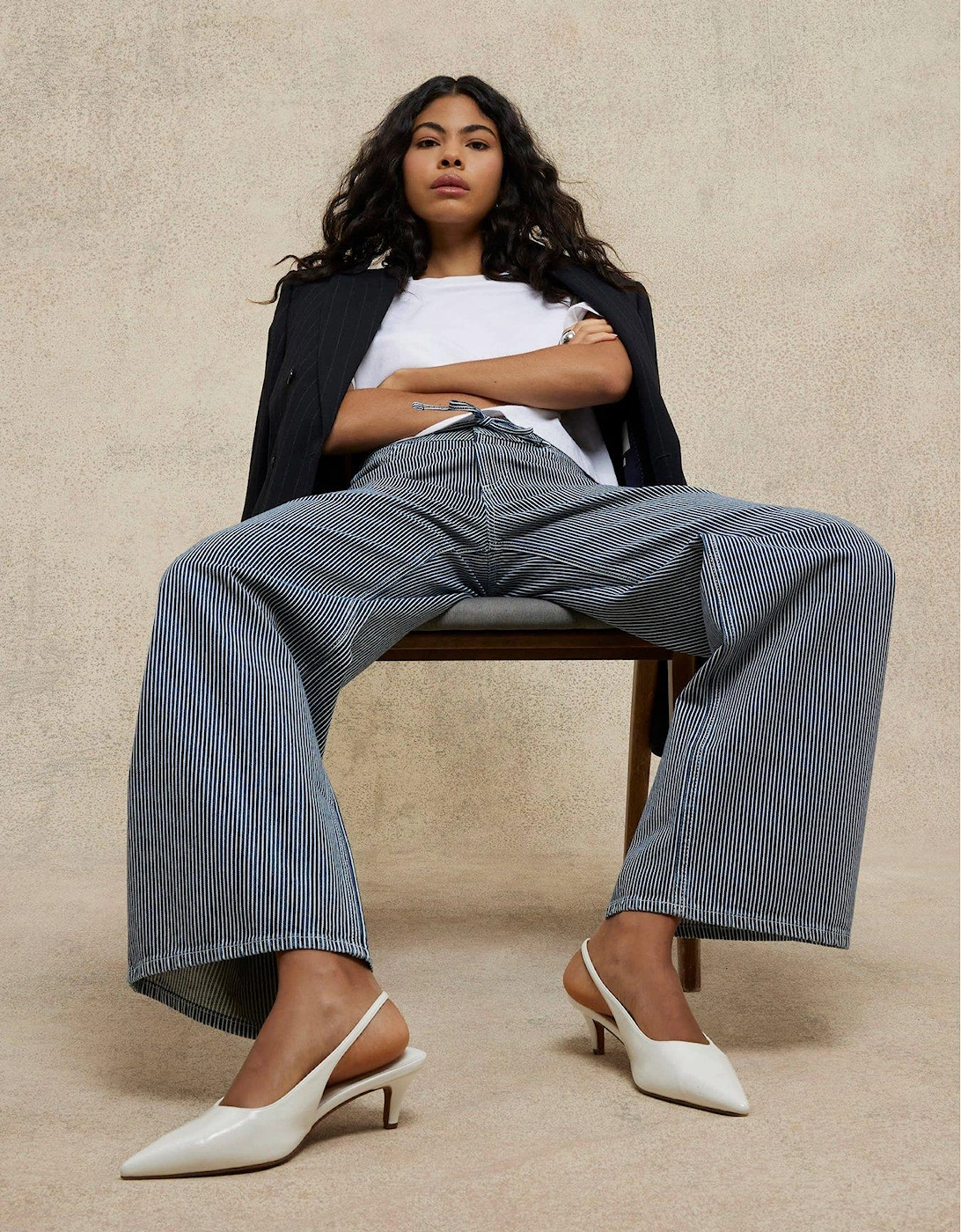 Wide Leg Tie Front Striped Jeans - Light Denim