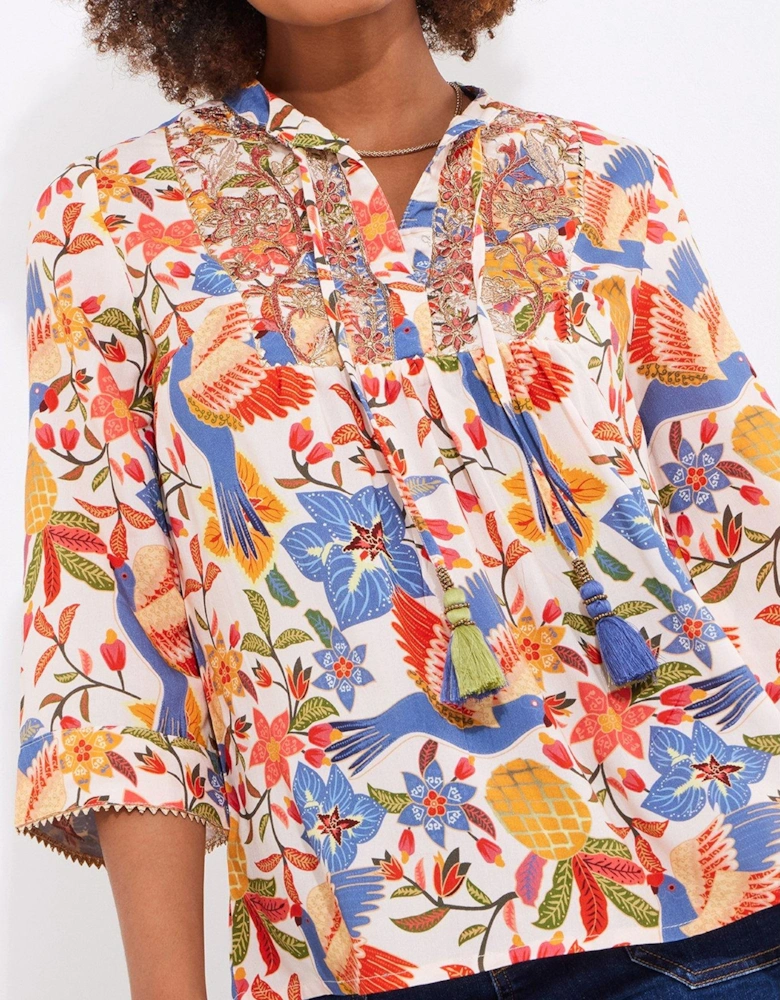 Birds Of Paradise Embroidered Top - Cream