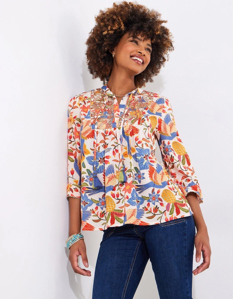 Birds Of Paradise Embroidered Top - Cream