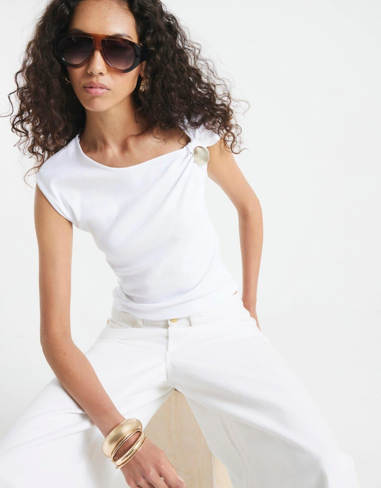 Short Sleeve Drape Trim T-Shirt - White