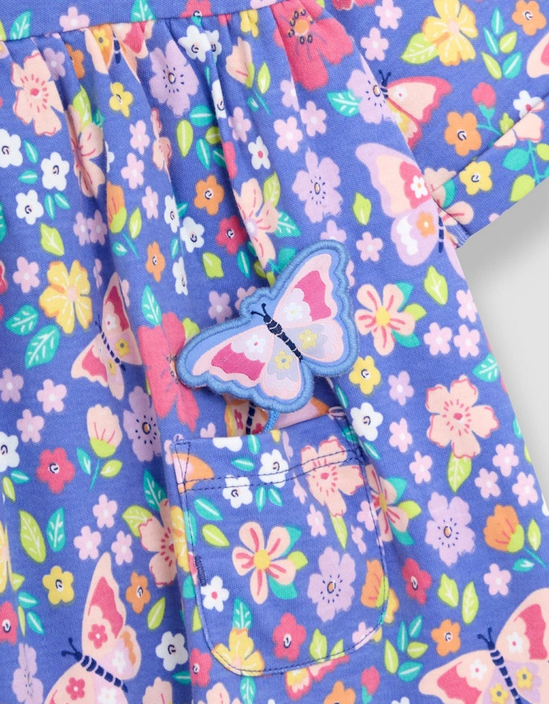 Girls Butterfly Floral Button Front Dress - Purple