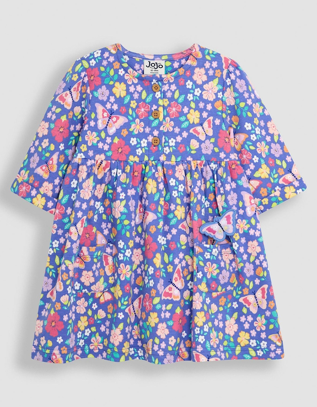 Girls Butterfly Floral Button Front Dress - Purple
