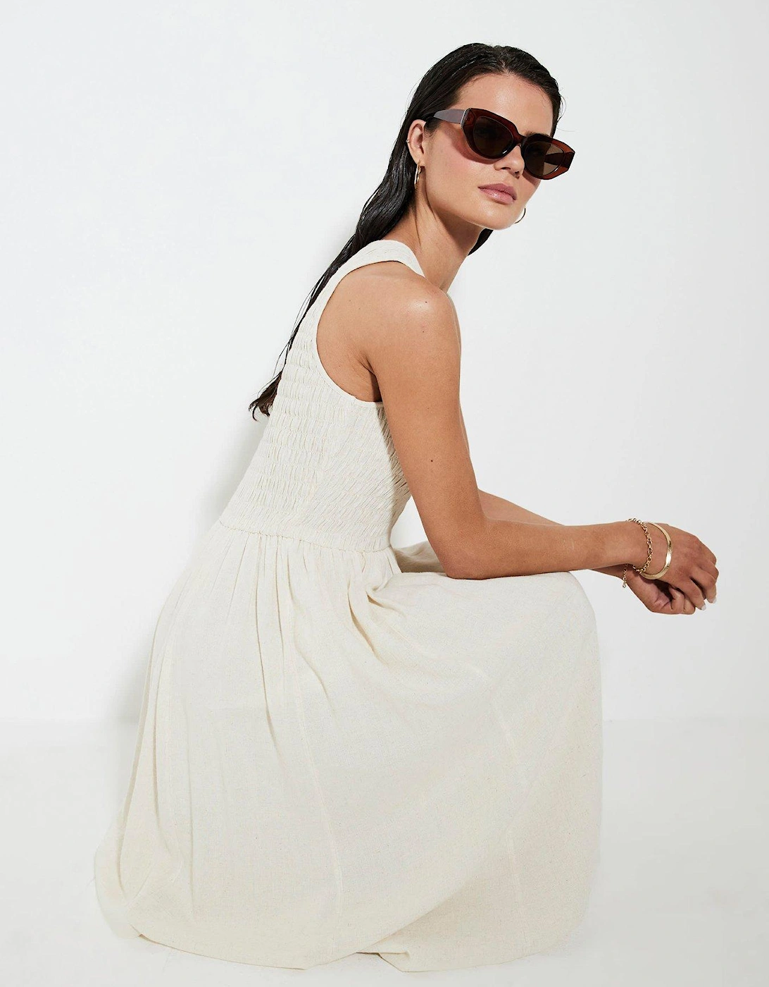 Puff Ball Racer Midi Dress - Beige