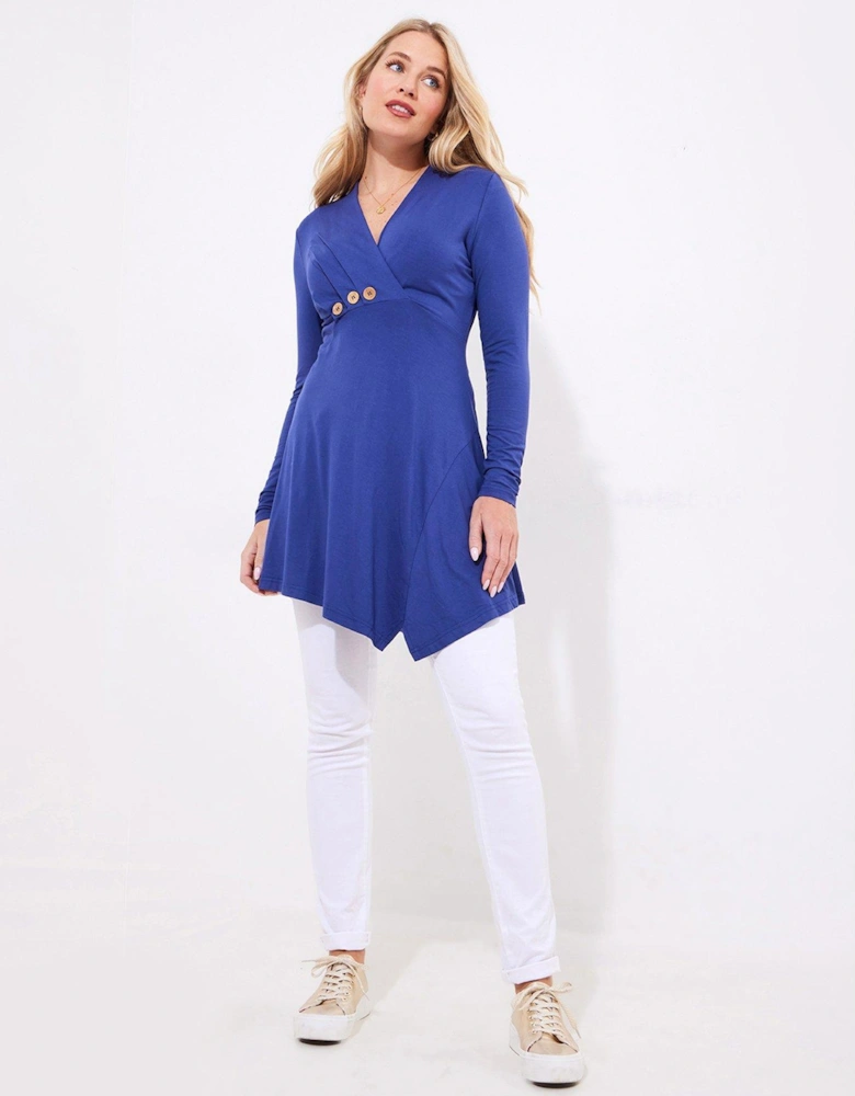 Button Detail Jersey Tunic Top - Blue