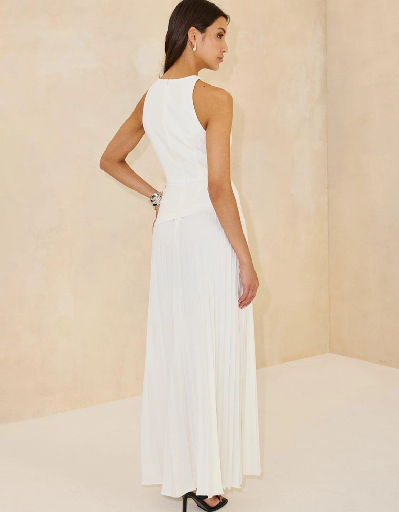 Halterneck Pleated Dress - White