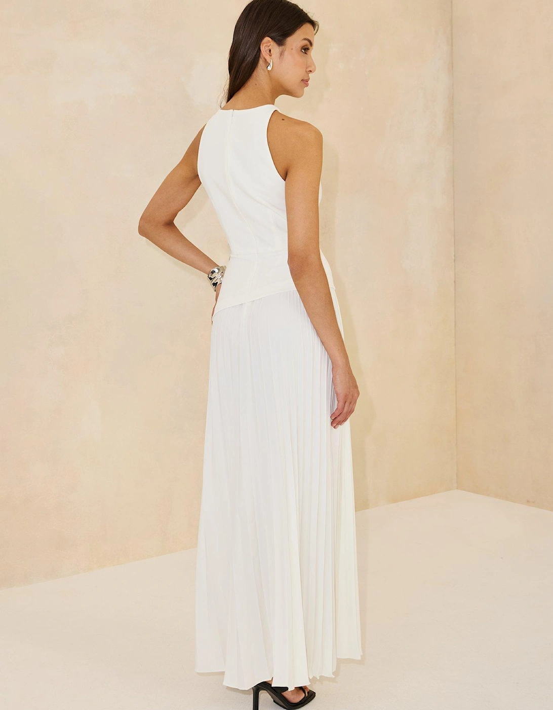 Halterneck Pleated Dress - White