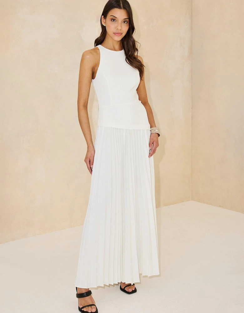 Halterneck Pleated Dress - White