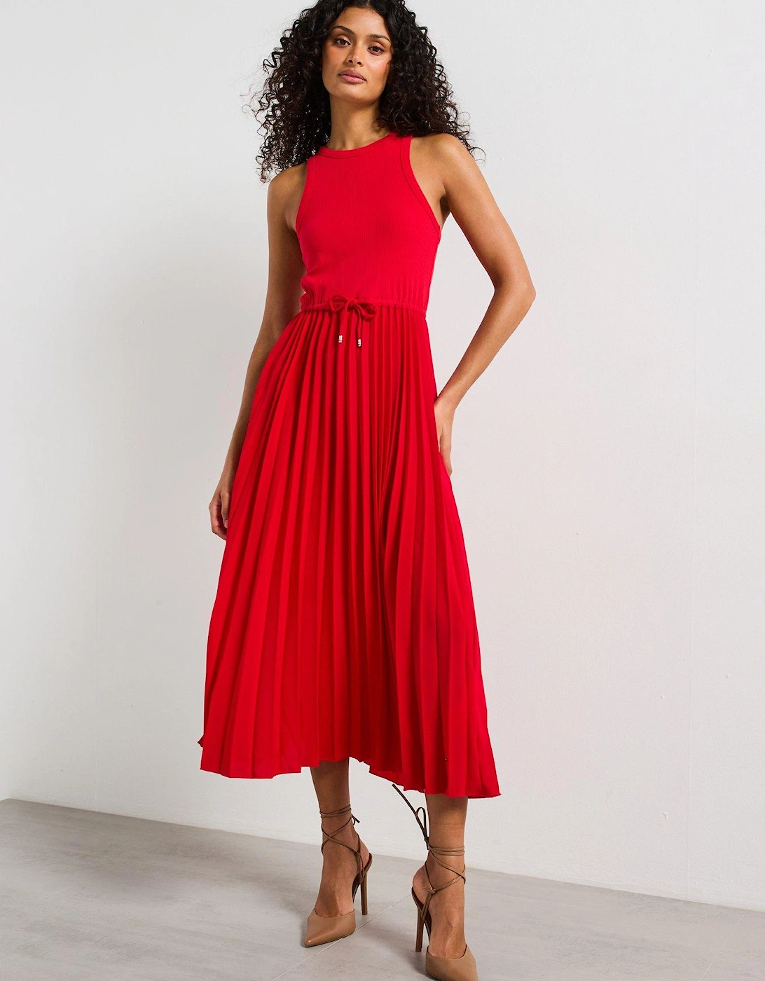 Pleated Midi Dress - Red