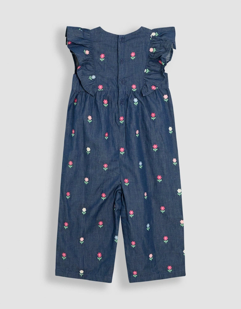 Girls Floral Embroidered Frill Shoulder Jumpsuit - Blue