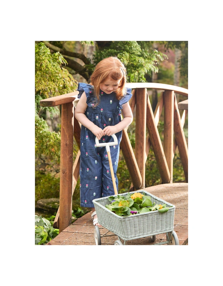 Girls Floral Embroidered Frill Shoulder Jumpsuit - Blue