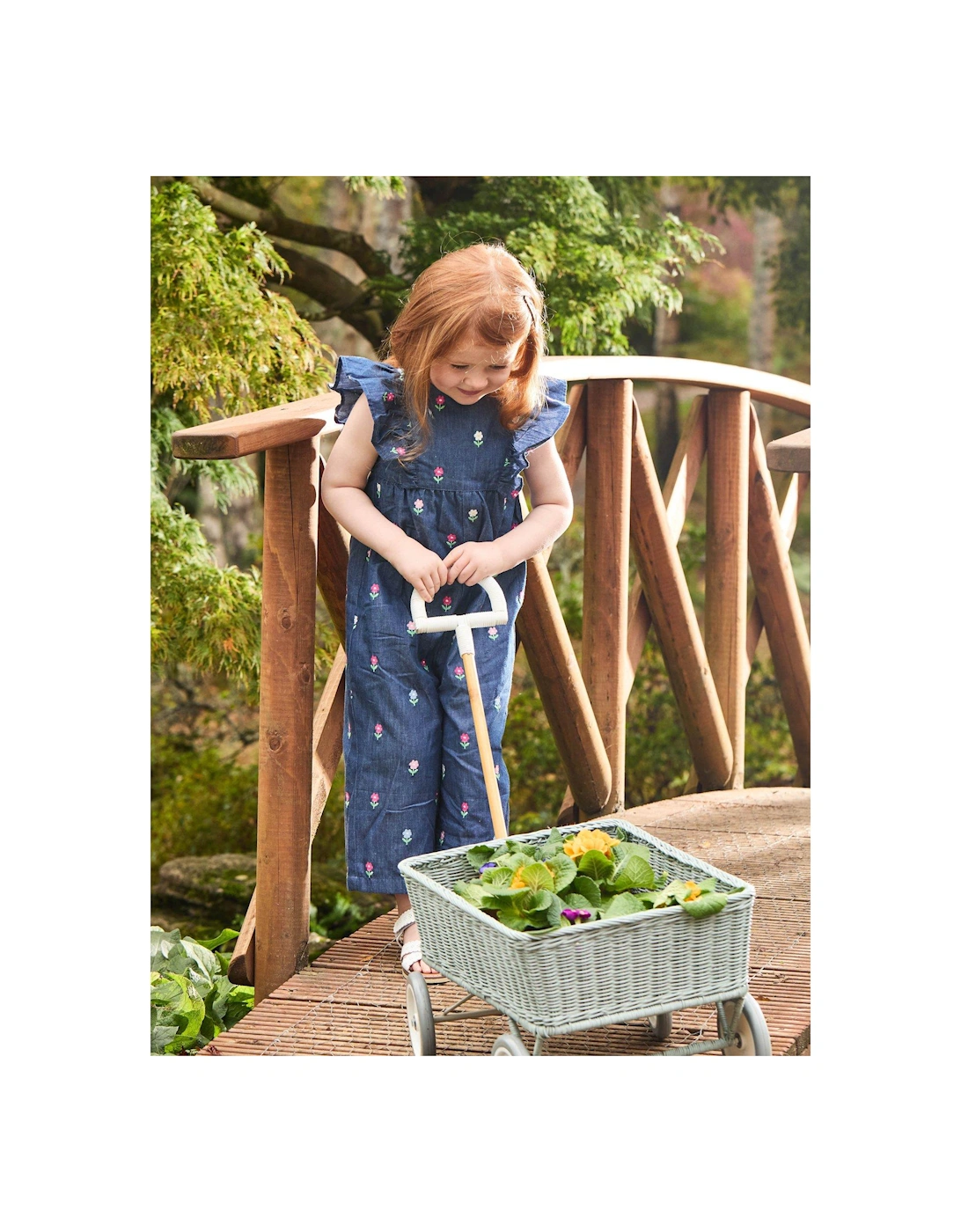 Girls Floral Embroidered Frill Shoulder Jumpsuit - Blue