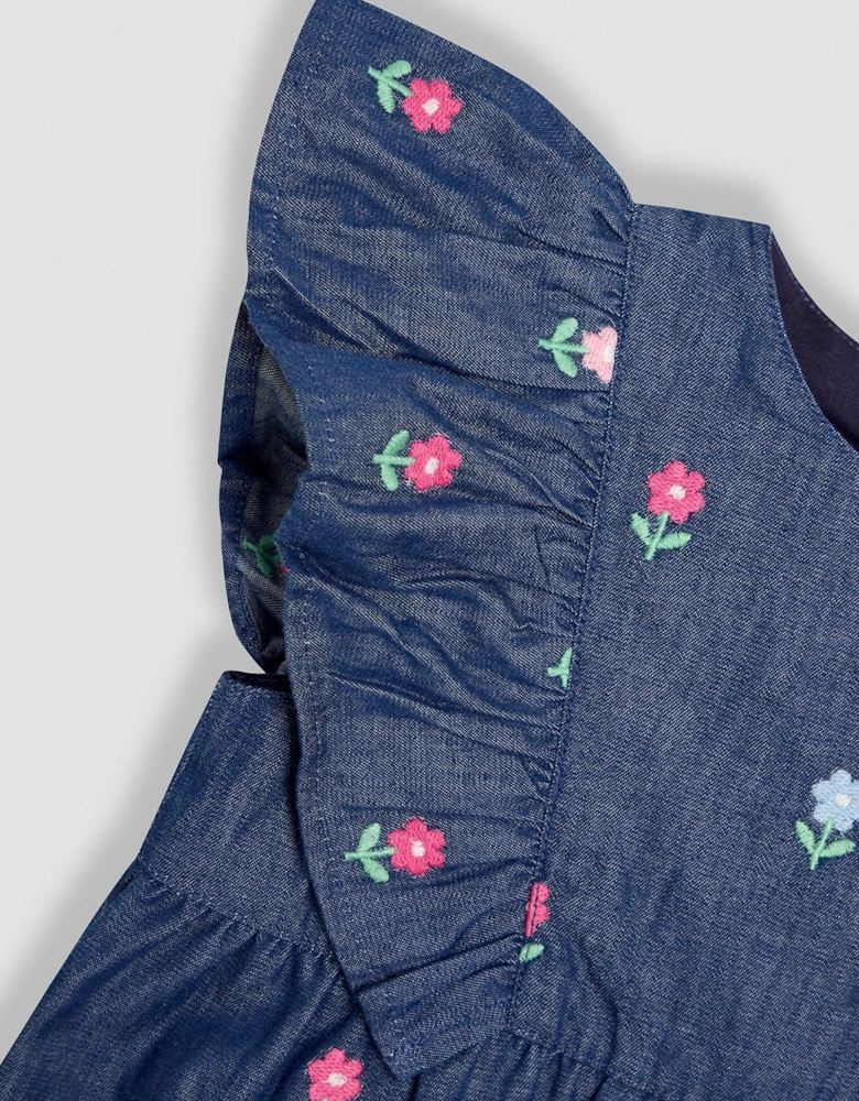 Girls Floral Embroidered Frill Shoulder Jumpsuit - Blue