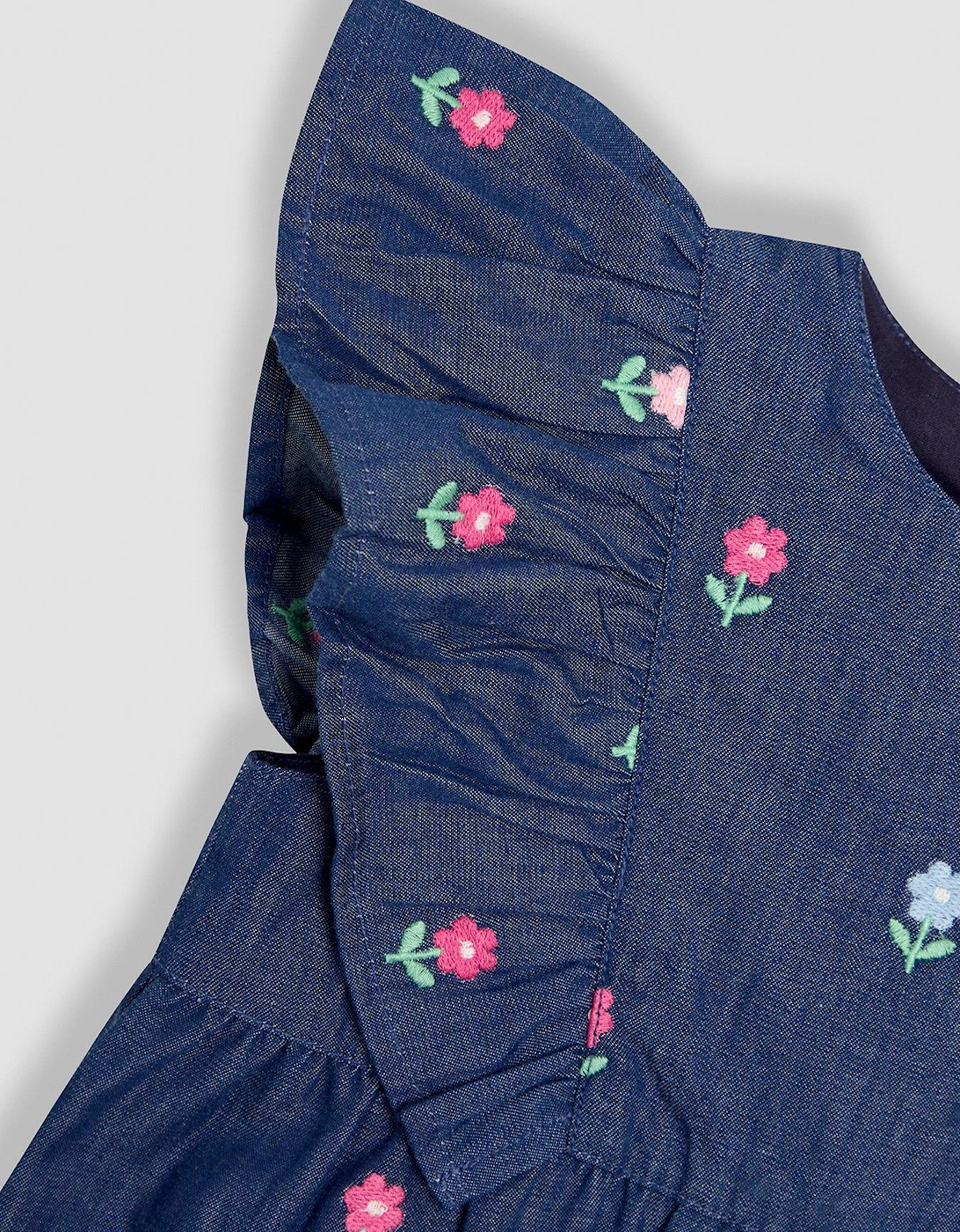 Girls Floral Embroidered Frill Shoulder Jumpsuit - Blue