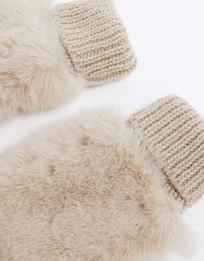 Girls Faux Fur Beret And Mitten Set - Beige