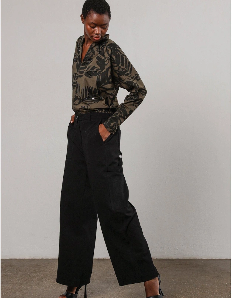Batwing Sleeve V-neck Blouse With Leaf Motif And Beaded Embroidery - Black