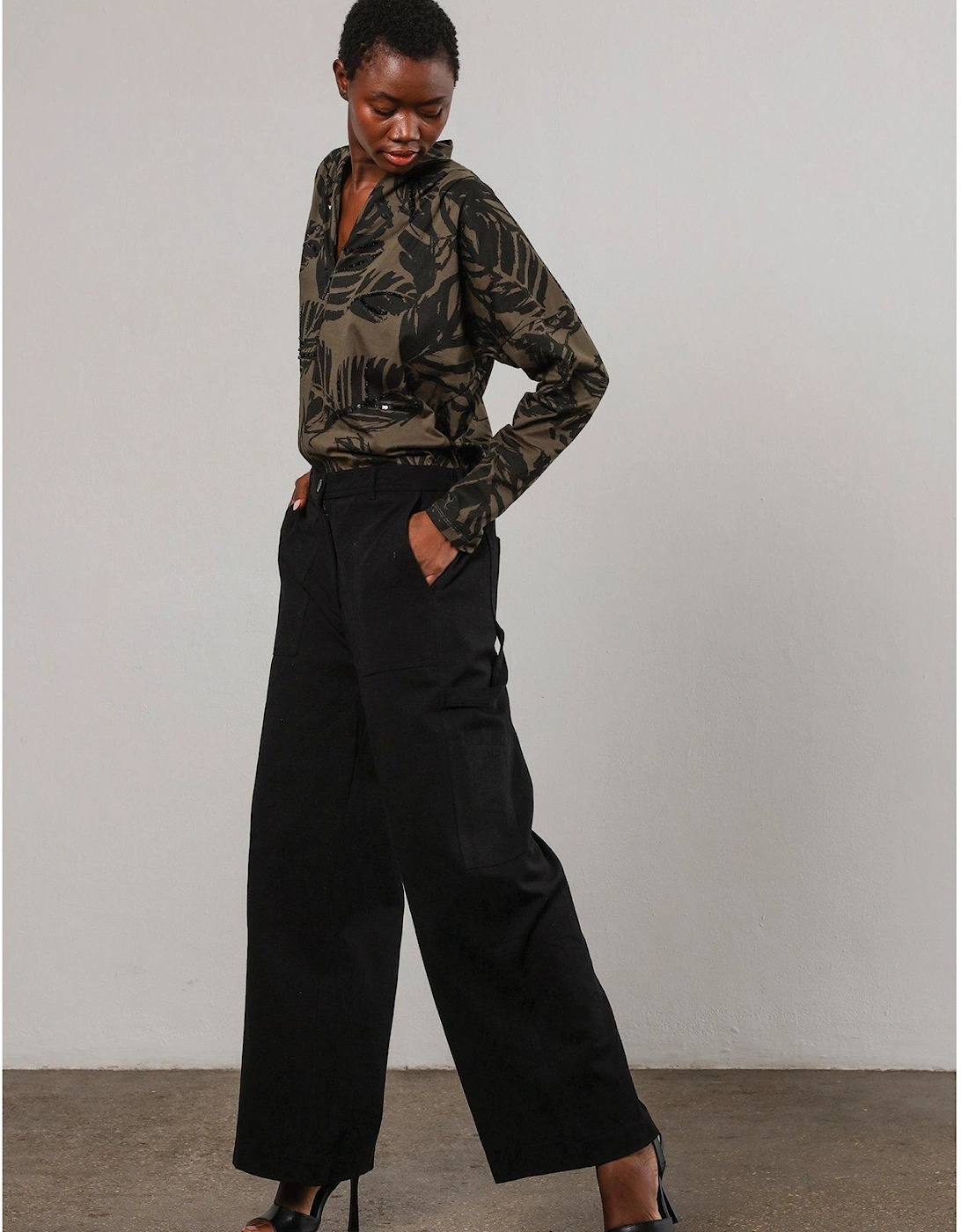 Batwing Sleeve V-neck Blouse With Leaf Motif And Beaded Embroidery - Black