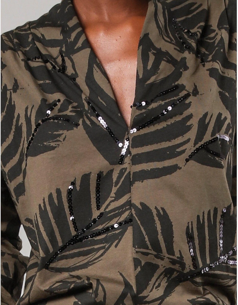 Batwing Sleeve V-neck Blouse With Leaf Motif And Beaded Embroidery - Black