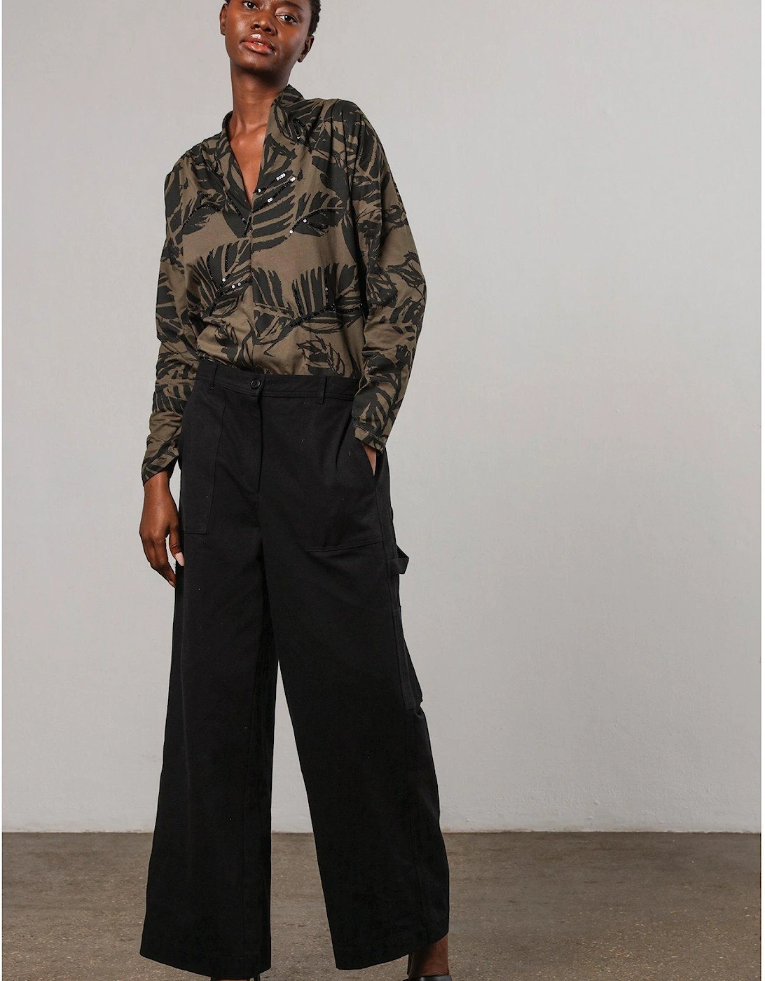 Batwing Sleeve V-neck Blouse With Leaf Motif And Beaded Embroidery - Black