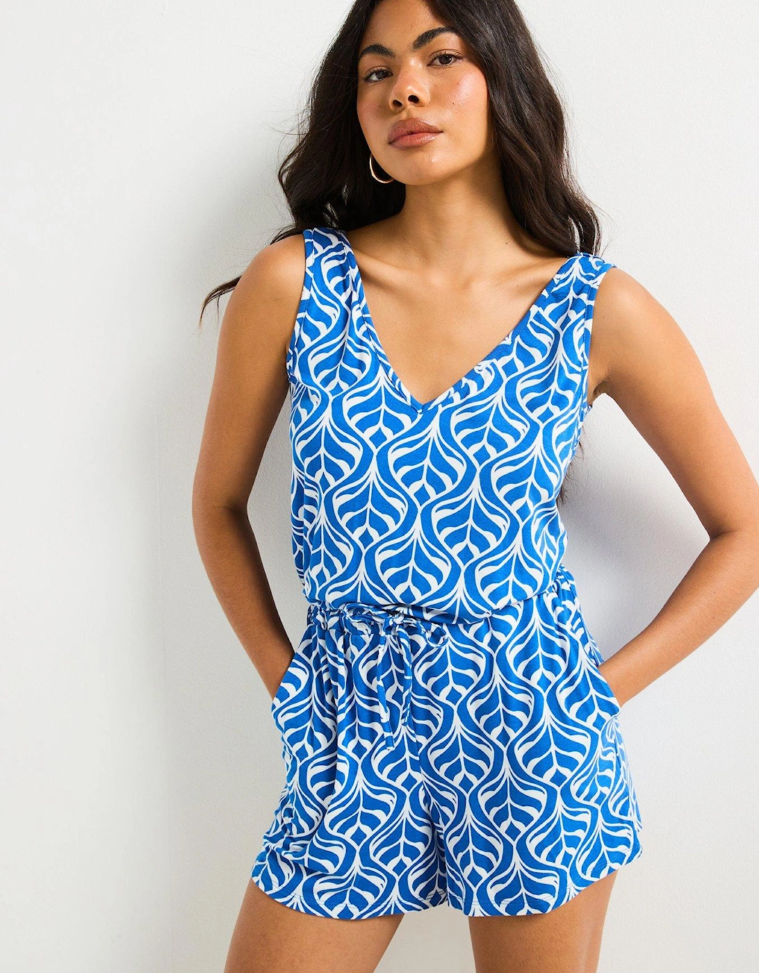 V Neck Playsuit - Blue Leaf