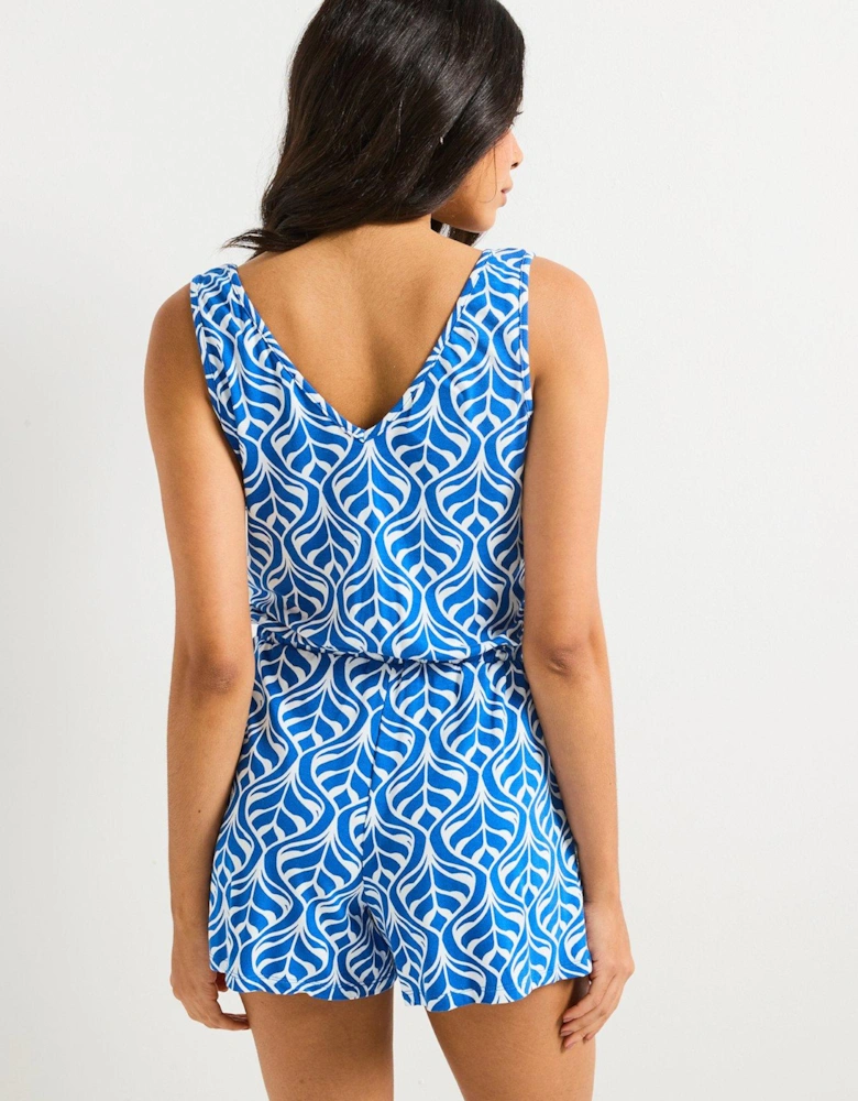 V Neck Playsuit - Blue Leaf