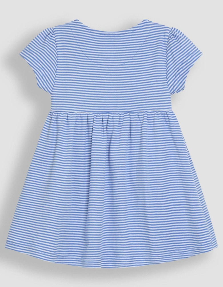 Girls Daisy Applique Pockets Button Front Dress - Blue
