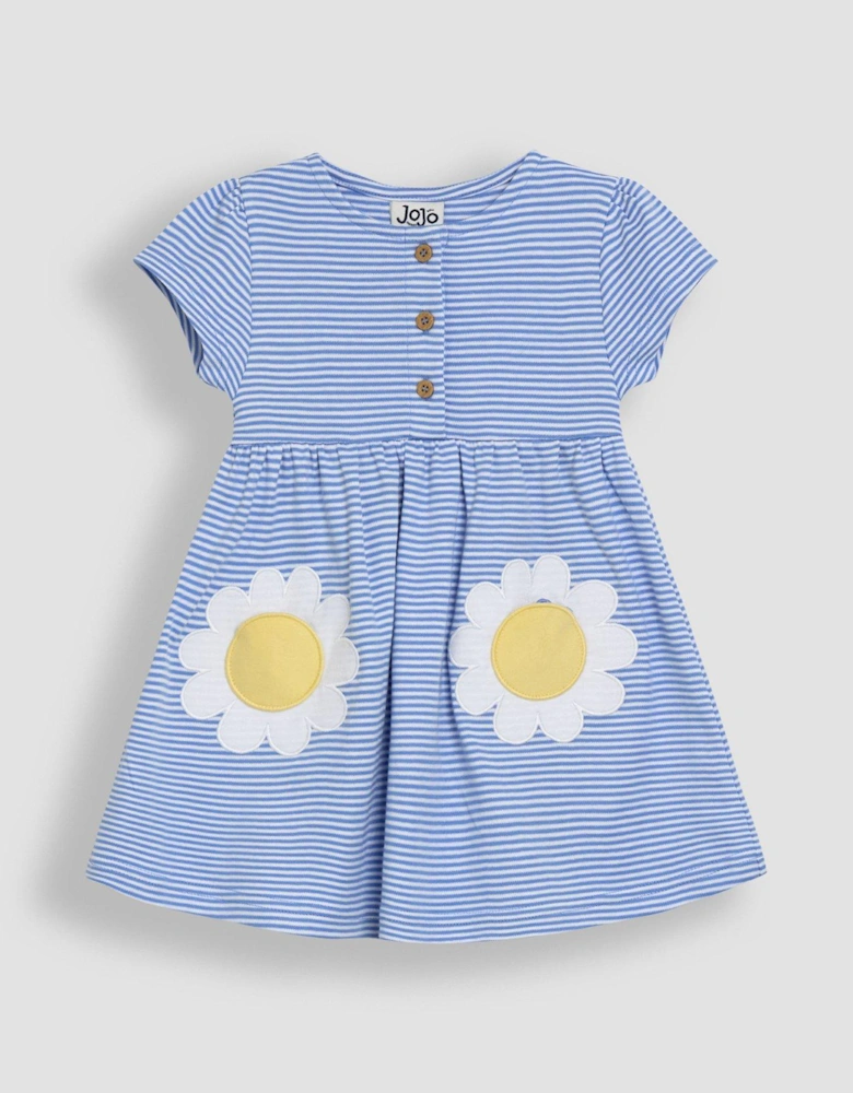 Girls Daisy Applique Pockets Button Front Dress - Blue