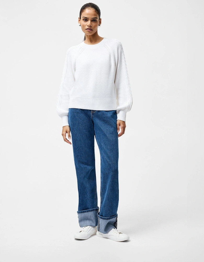 Cable Knit Braided Long Balloon Sleeve Crew Neck Jumper - White
